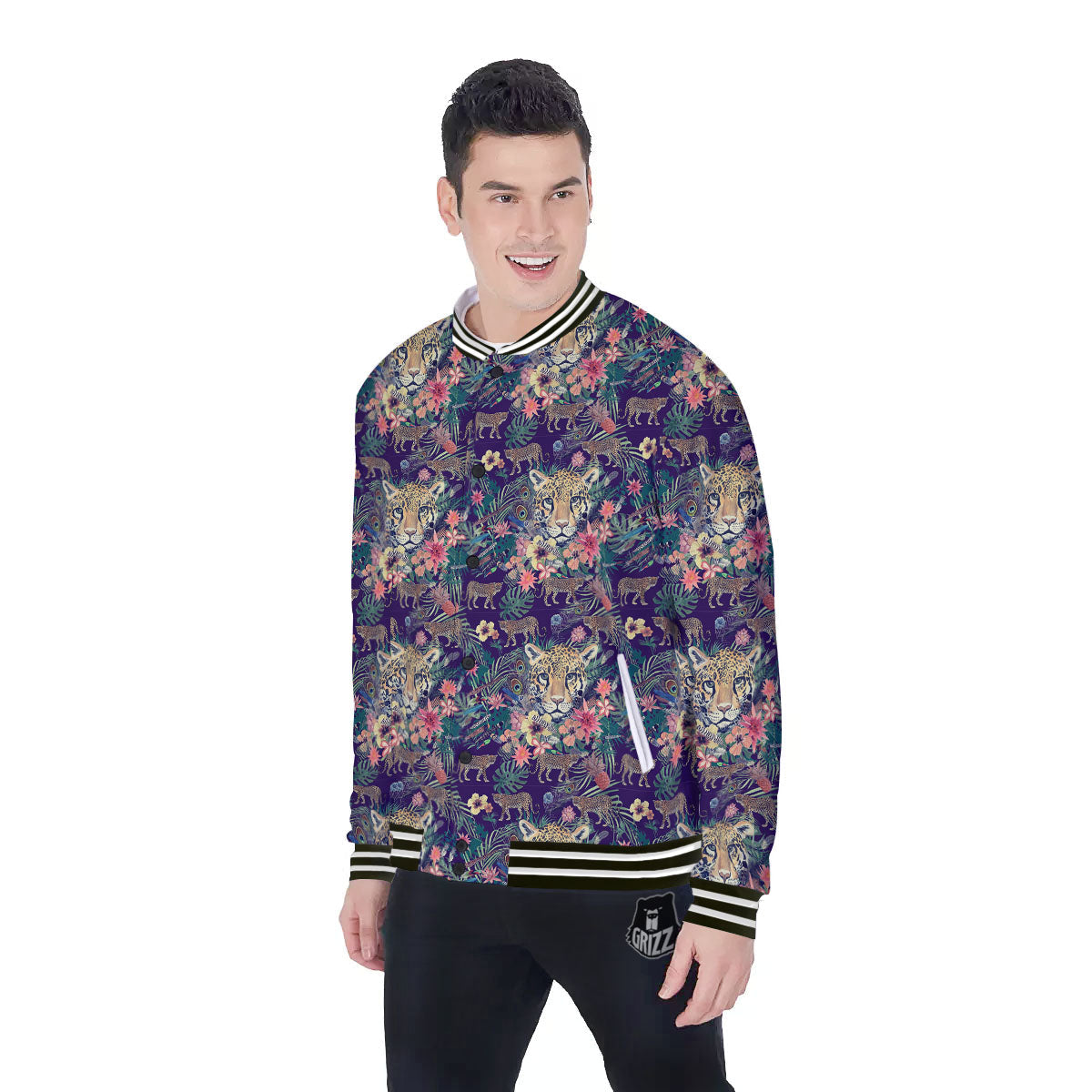Tiger Flower And Print Pattern Baseball Jacket-grizzshop