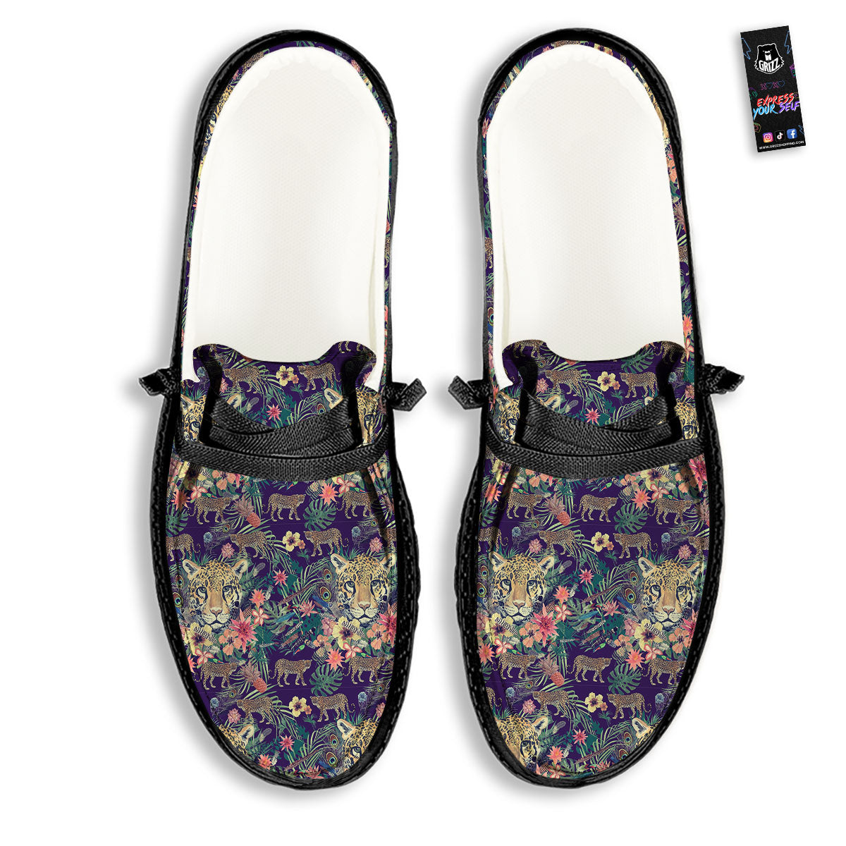Tiger Flower And Print Pattern Black Loafers-grizzshop