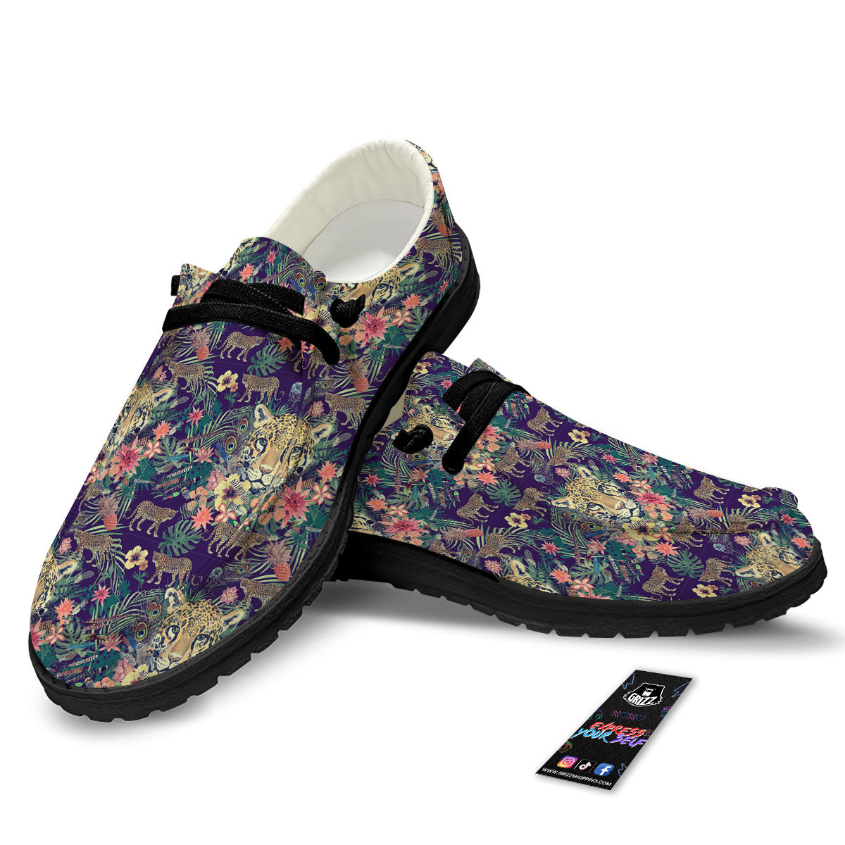 Tiger Flower And Print Pattern Black Loafers-grizzshop