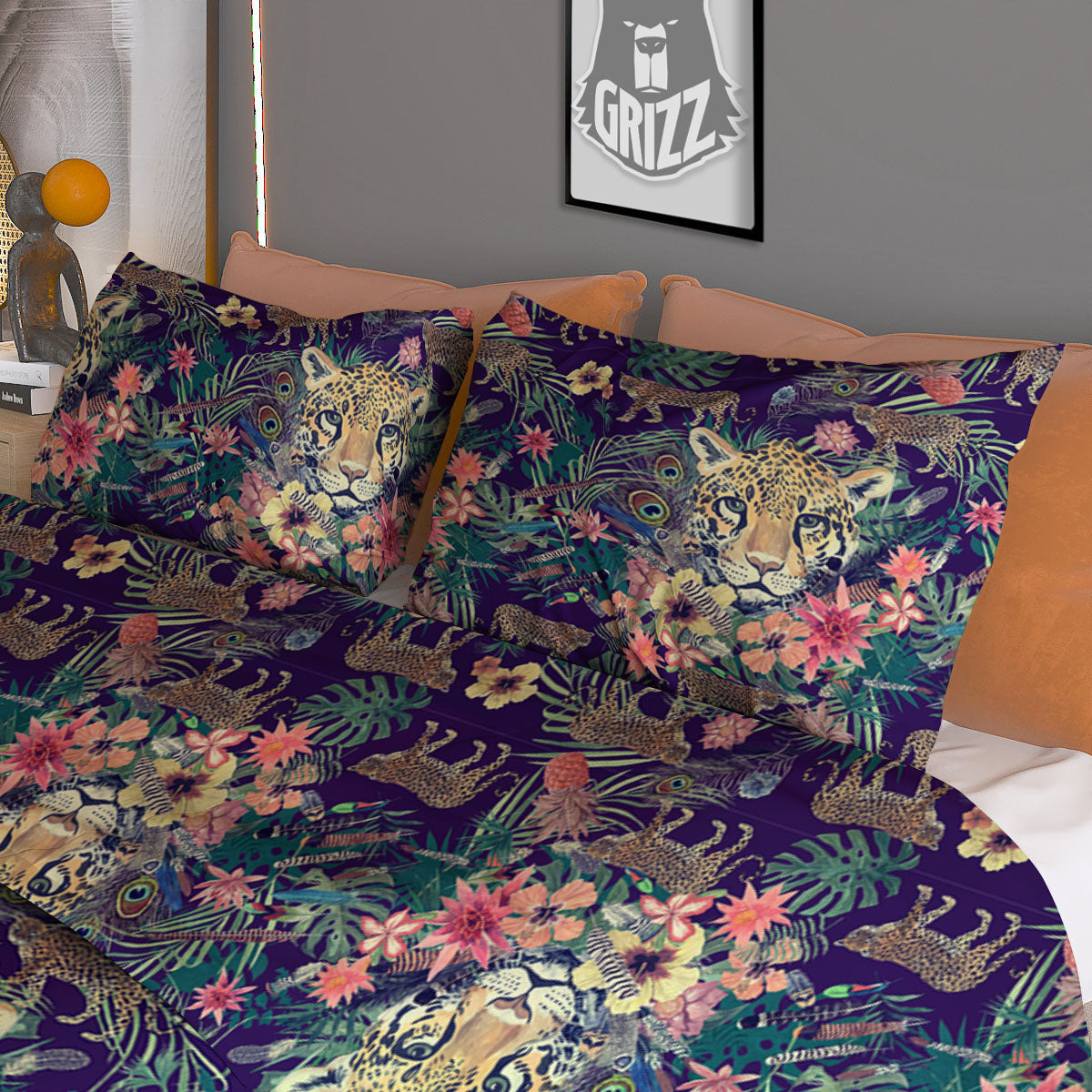Tiger Flower And Print Pattern Duvet Cover Bedding Set
