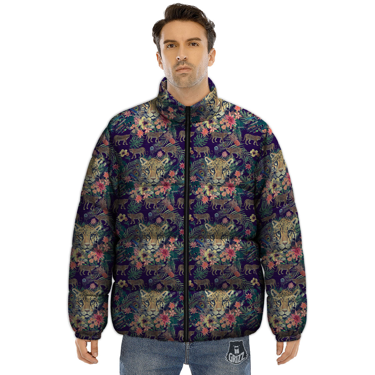 Tiger Flower And Print Pattern Puffer Jacket-grizzshop