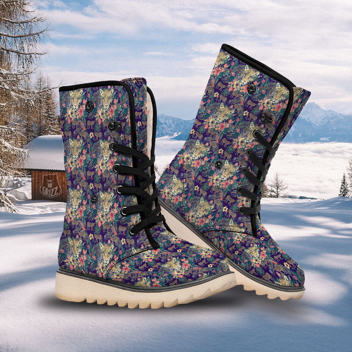 Tiger Flower And Print Pattern Snow Boots-grizzshop