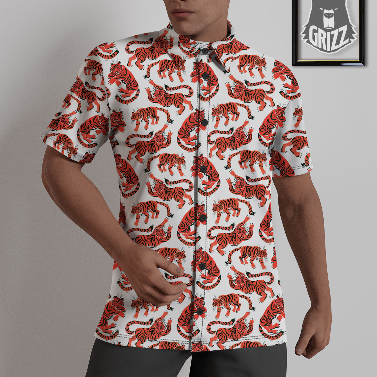 Tiger Gouache Print Pattern Untucked Shirts-grizzshop