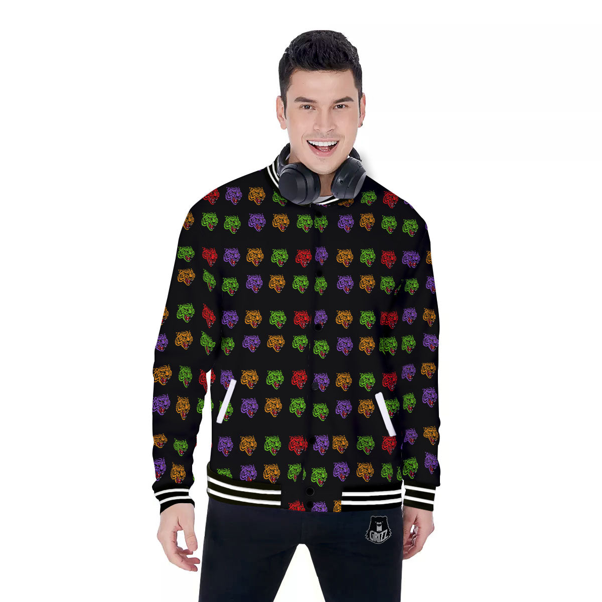 Tiger Head Colorful Print Pattern Baseball Jacket-grizzshop