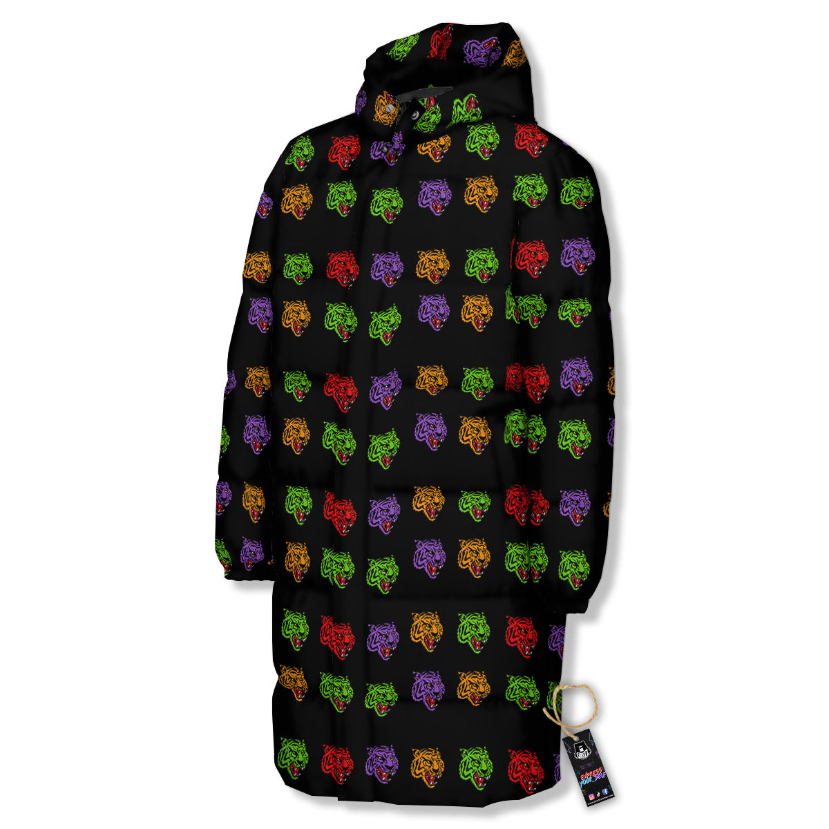 Tiger Head Colorful Print Pattern Long Down Jacket-grizzshop