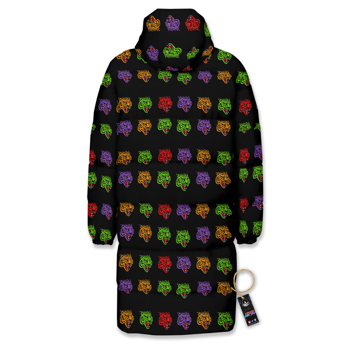 Tiger Head Colorful Print Pattern Long Down Jacket-grizzshop
