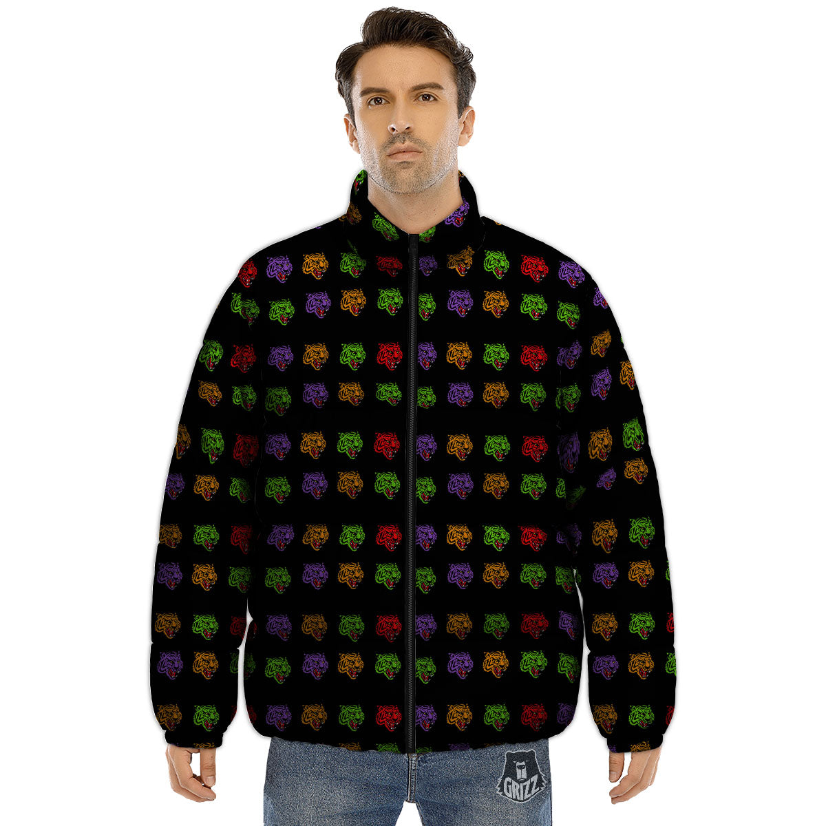 Tiger Head Colorful Print Pattern Puffer Jacket-grizzshop