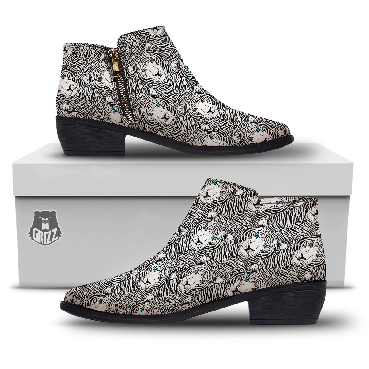 Tiger Head Striped Print Pattern Ankle Boots-grizzshop