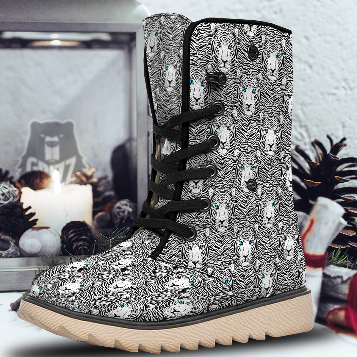Tiger Head Striped Print Pattern Snow Boots-grizzshop