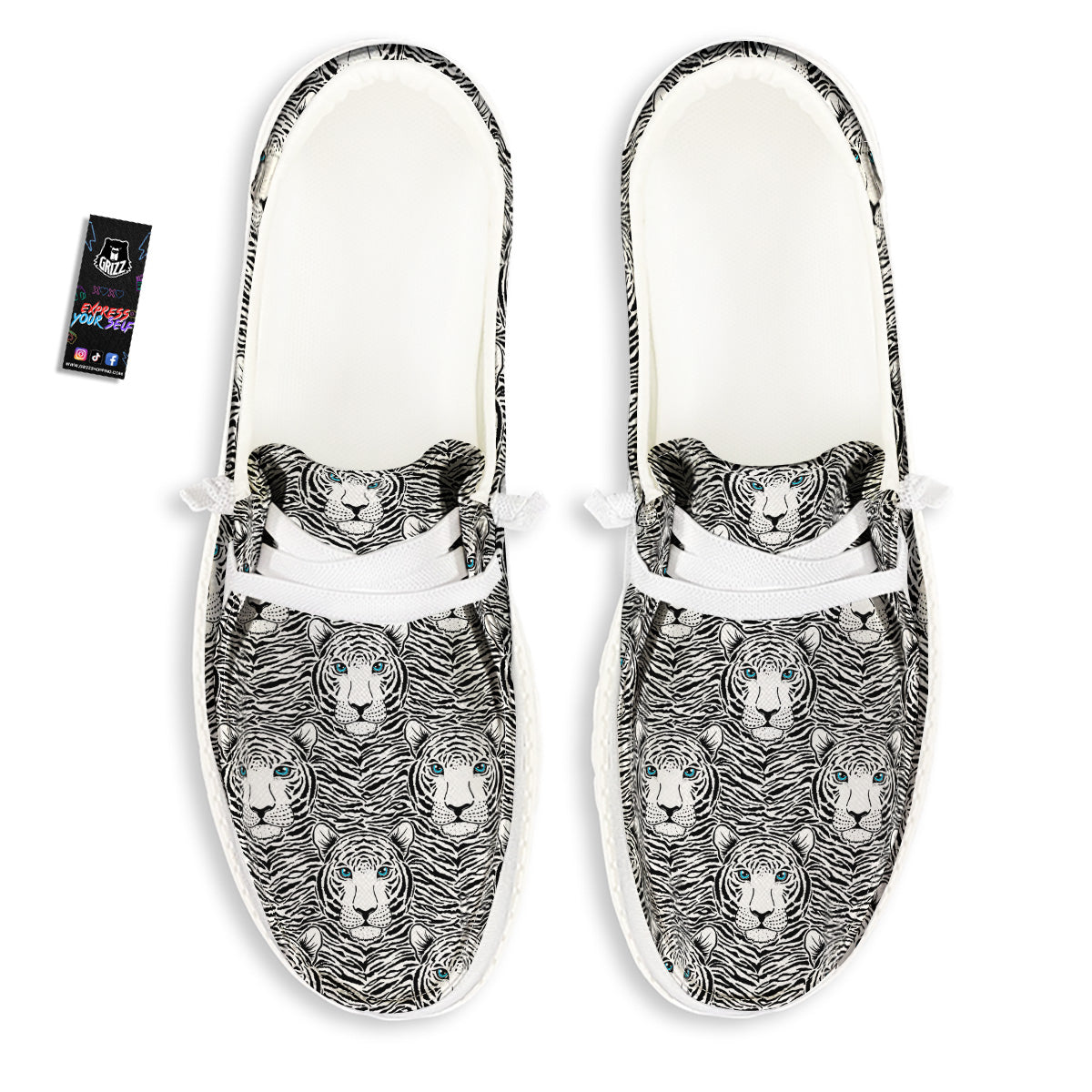 Tiger Head Striped Print Pattern White Loafers-grizzshop