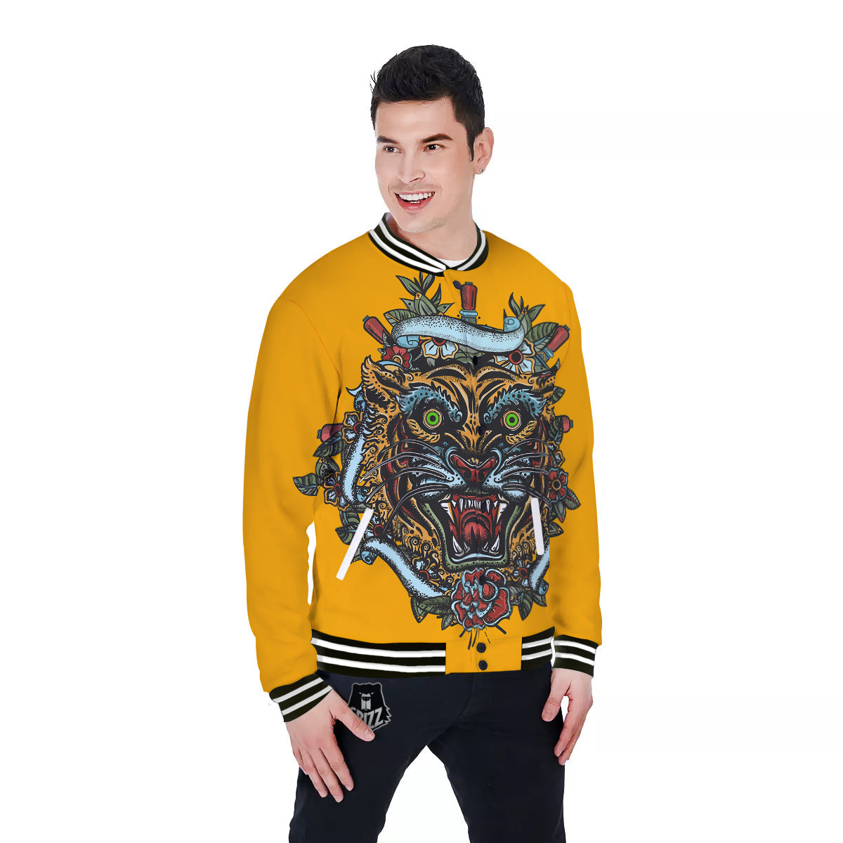 Tiger Head Tattoo Print Baseball Jacket-grizzshop
