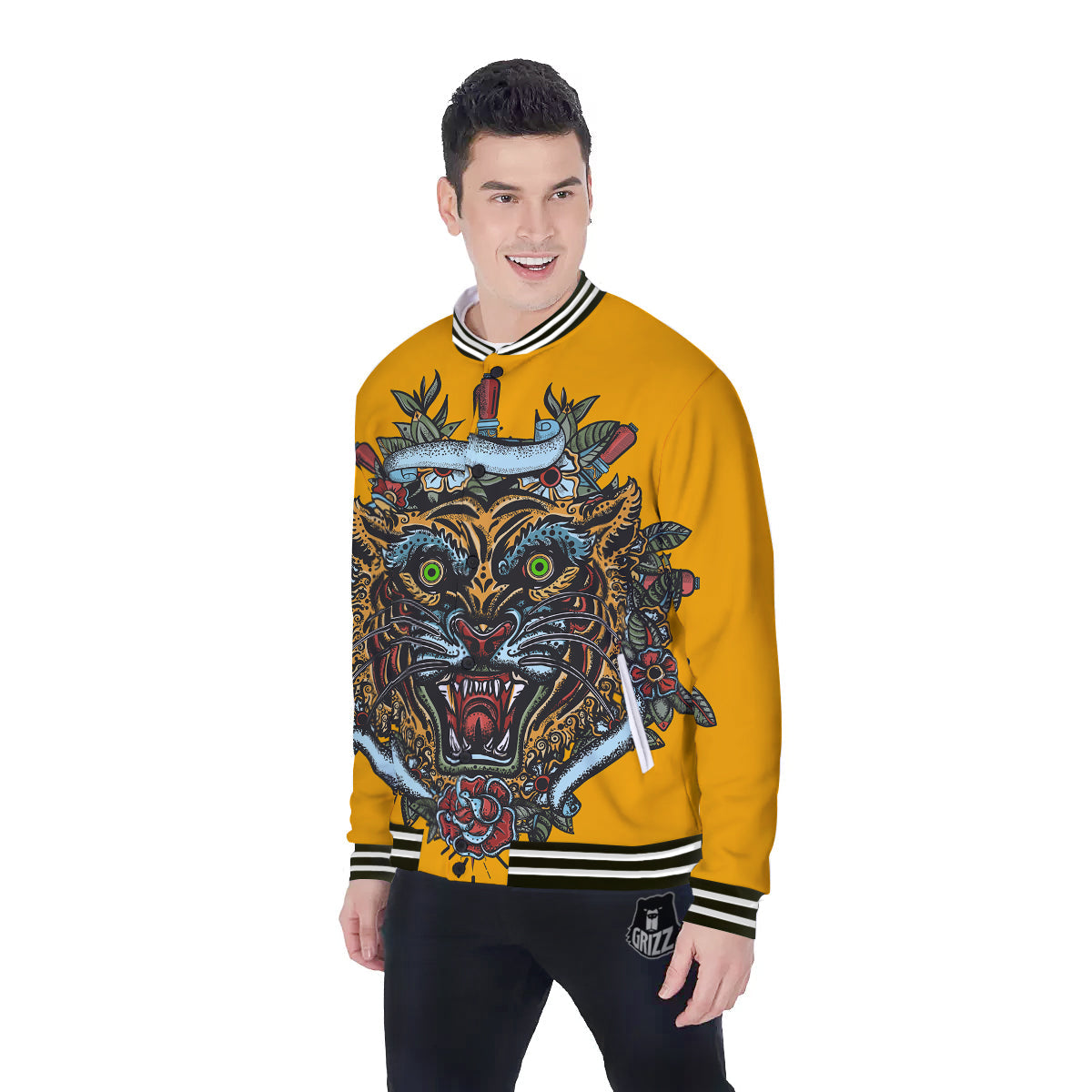 Tiger Head Tattoo Print Baseball Jacket-grizzshop