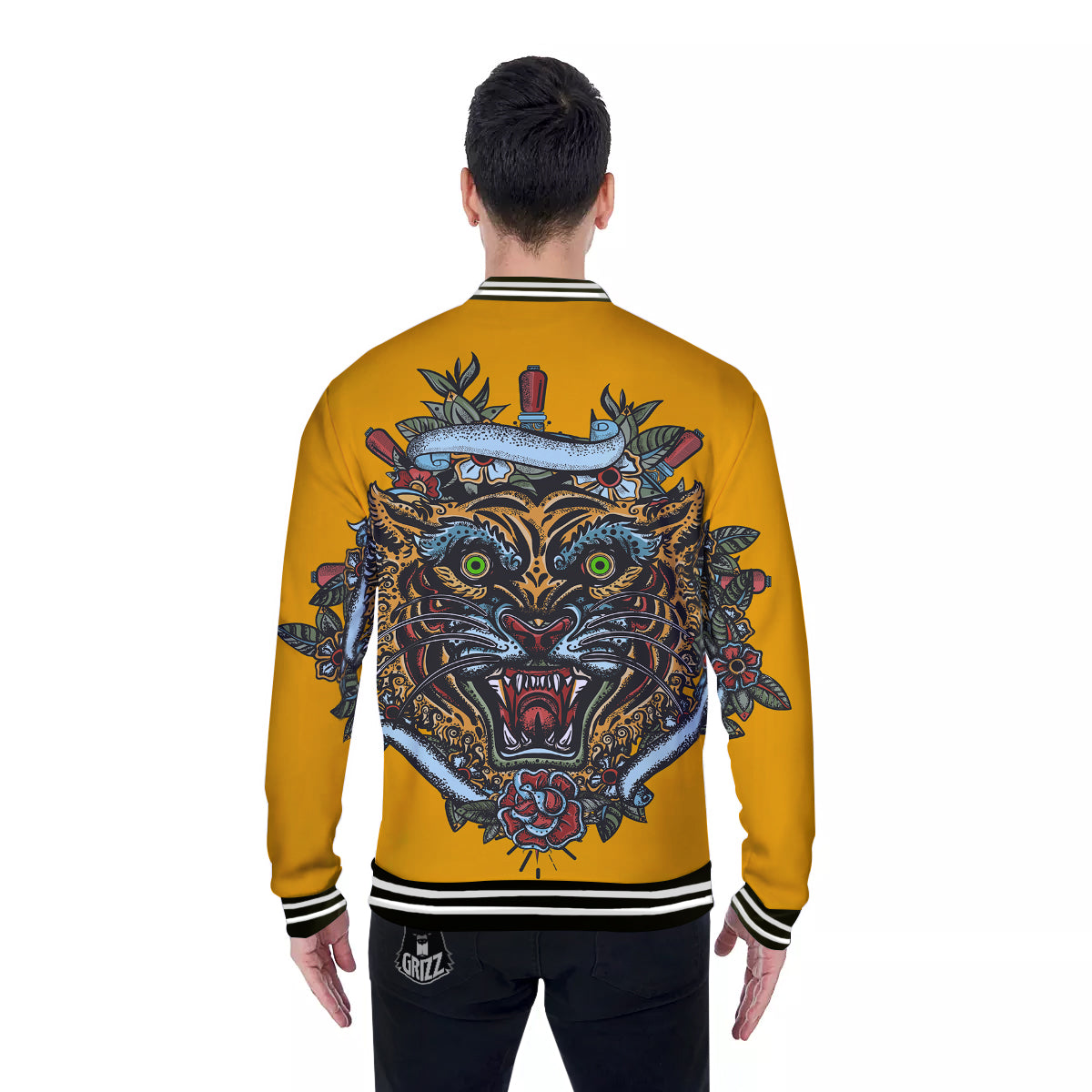 Tiger Head Tattoo Print Baseball Jacket-grizzshop
