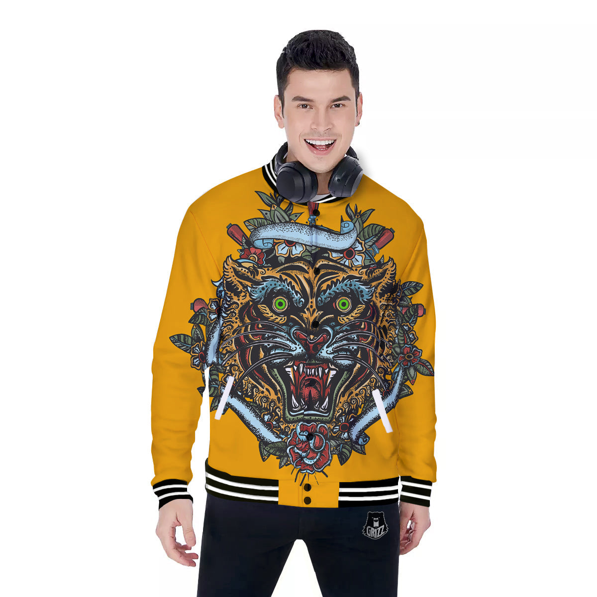 Tiger Head Tattoo Print Baseball Jacket-grizzshop