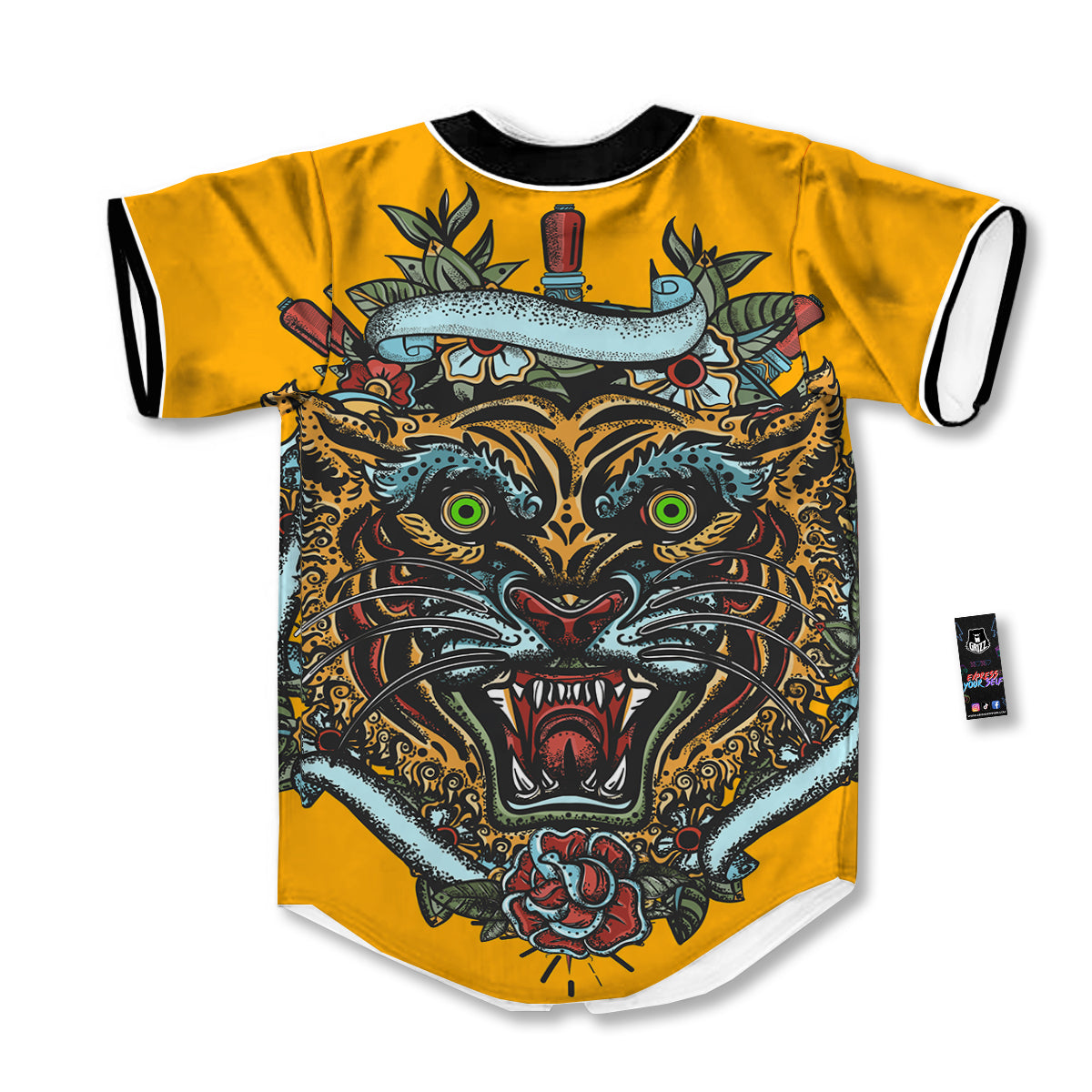 Tiger Head Tattoo Print Baseball Jersey-grizzshop