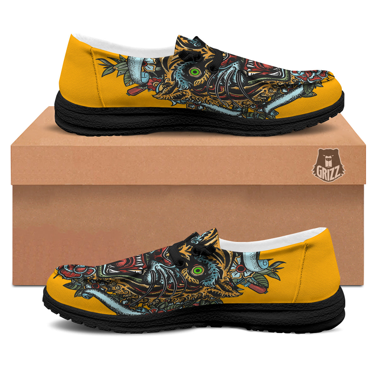 Tiger Head Tattoo Print Black Loafers-grizzshop
