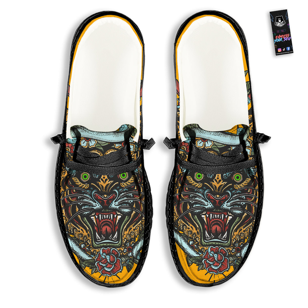 Tiger Head Tattoo Print Black Loafers-grizzshop