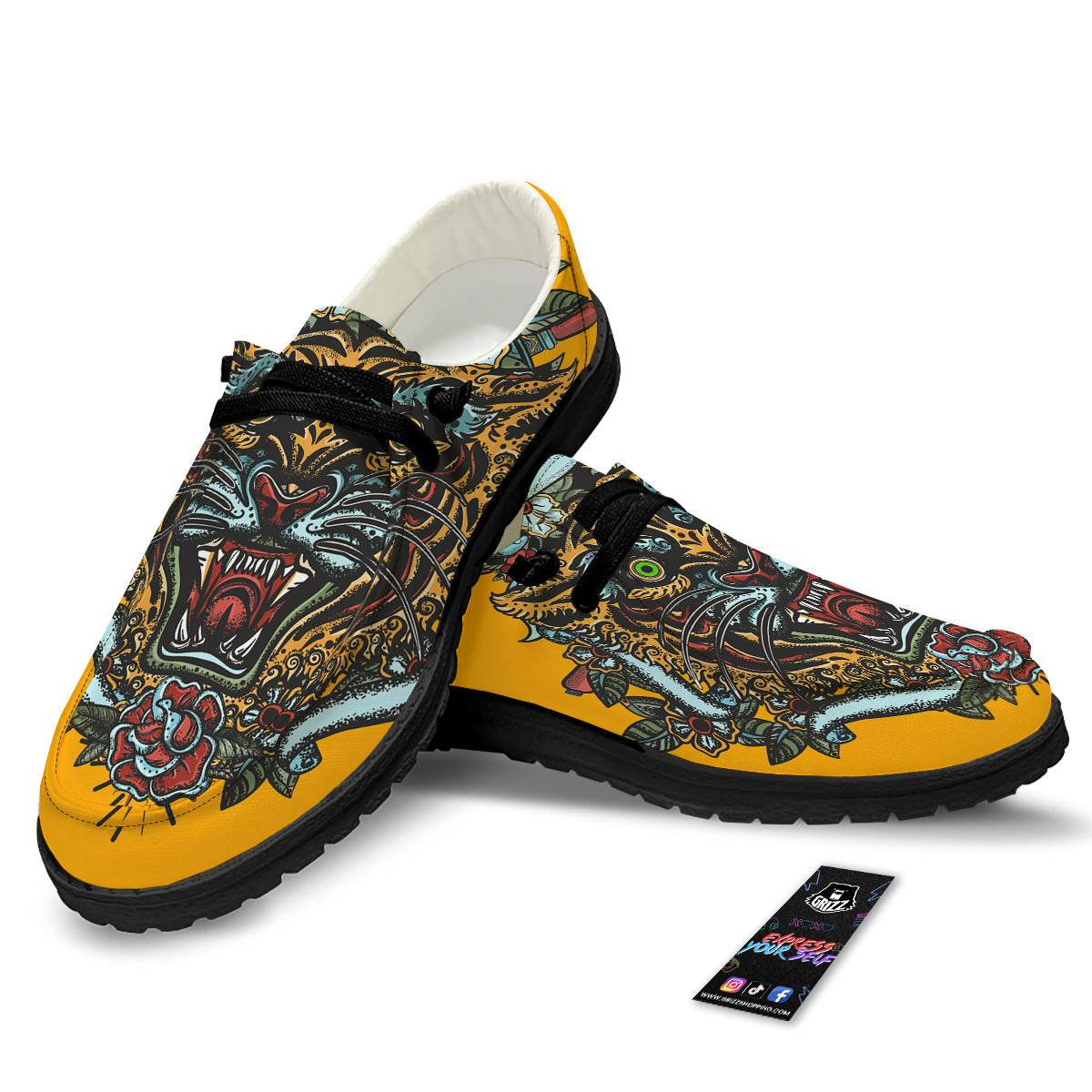 Tiger Head Tattoo Print Black Loafers-grizzshop