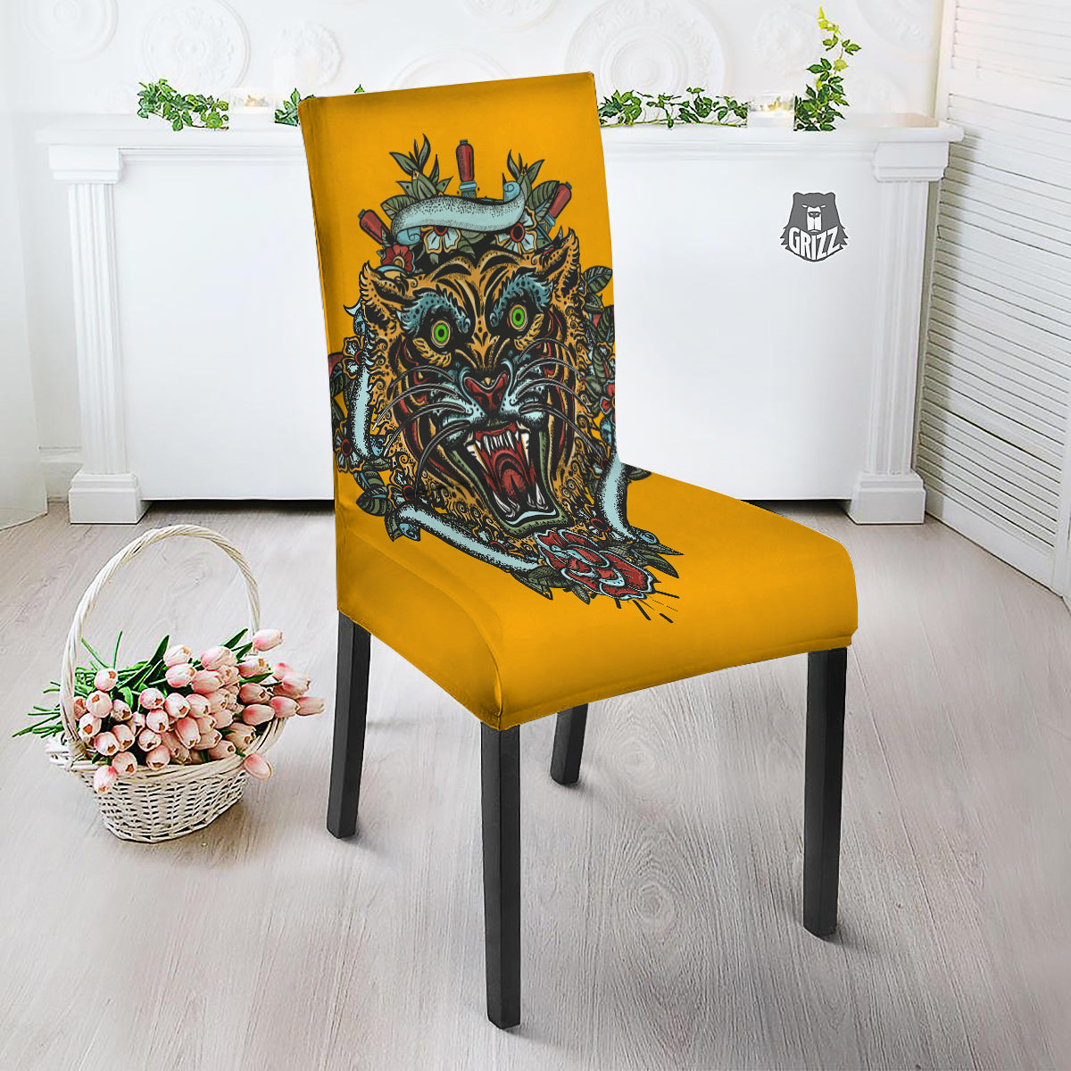 Tiger Head Tattoo Print Dining Chair Slipcover-grizzshop