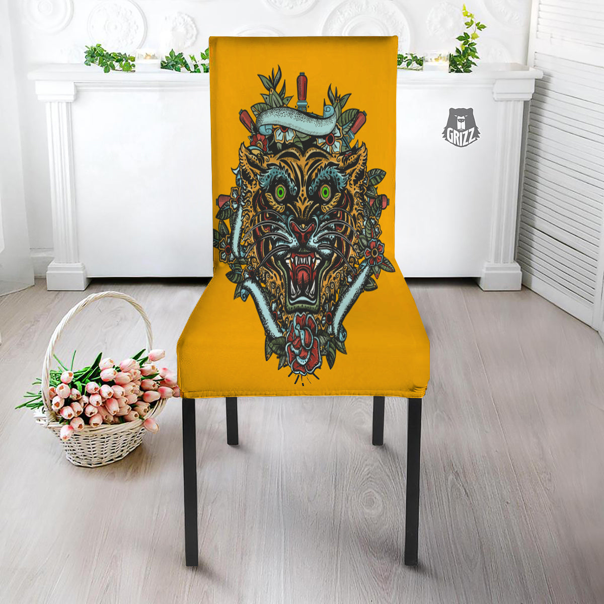 Tiger Head Tattoo Print Dining Chair Slipcover-grizzshop
