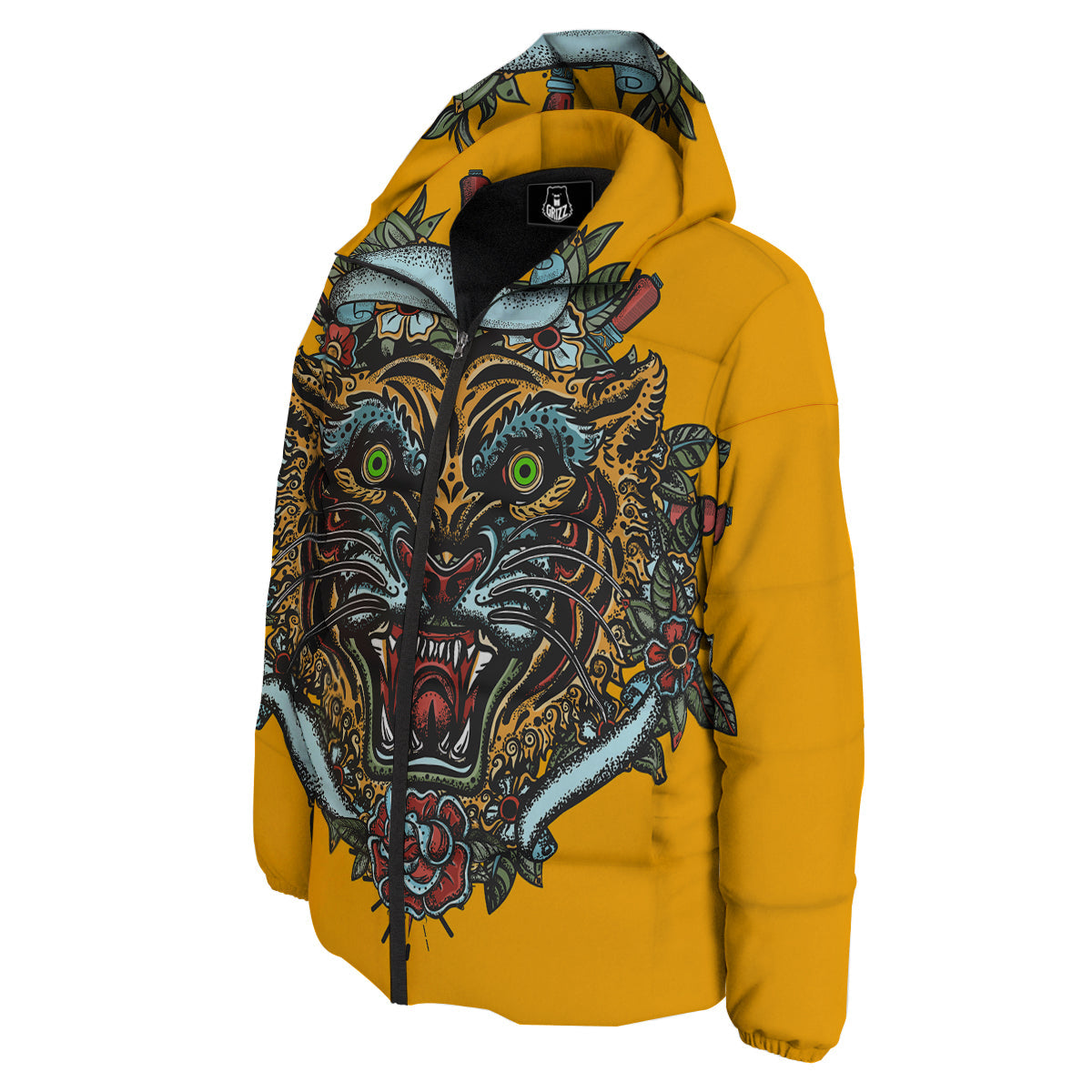 Tiger Head Tattoo Print Down Jacket-grizzshop