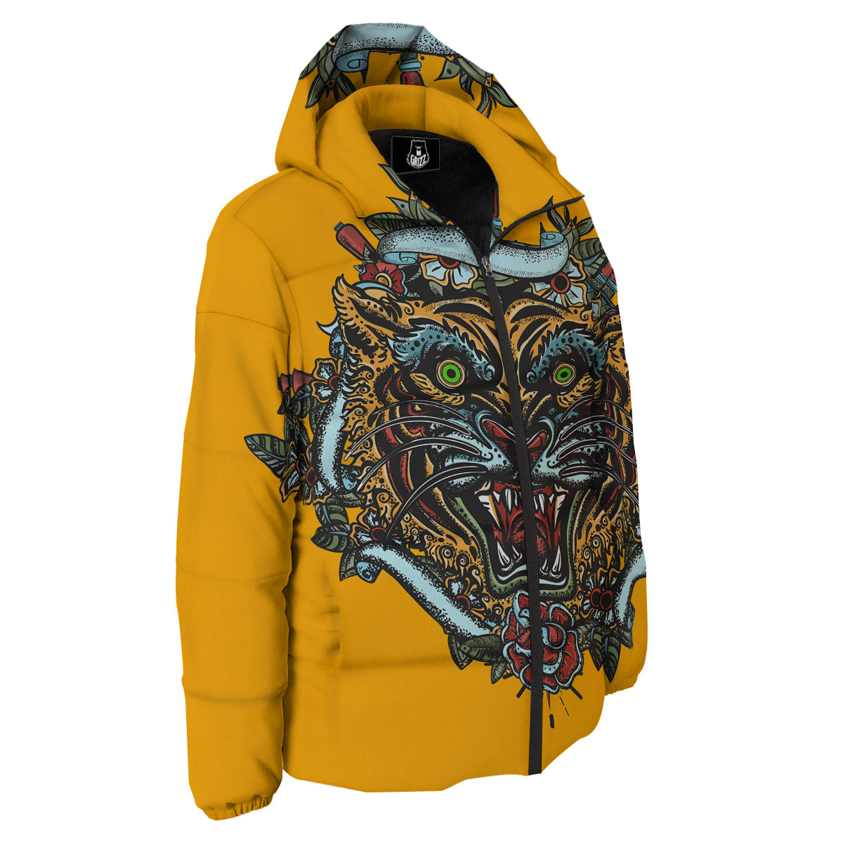 Tiger Head Tattoo Print Down Jacket-grizzshop