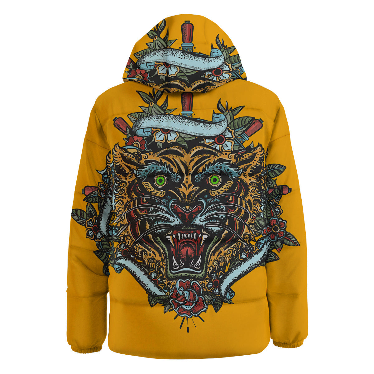 Tiger Head Tattoo Print Down Jacket-grizzshop