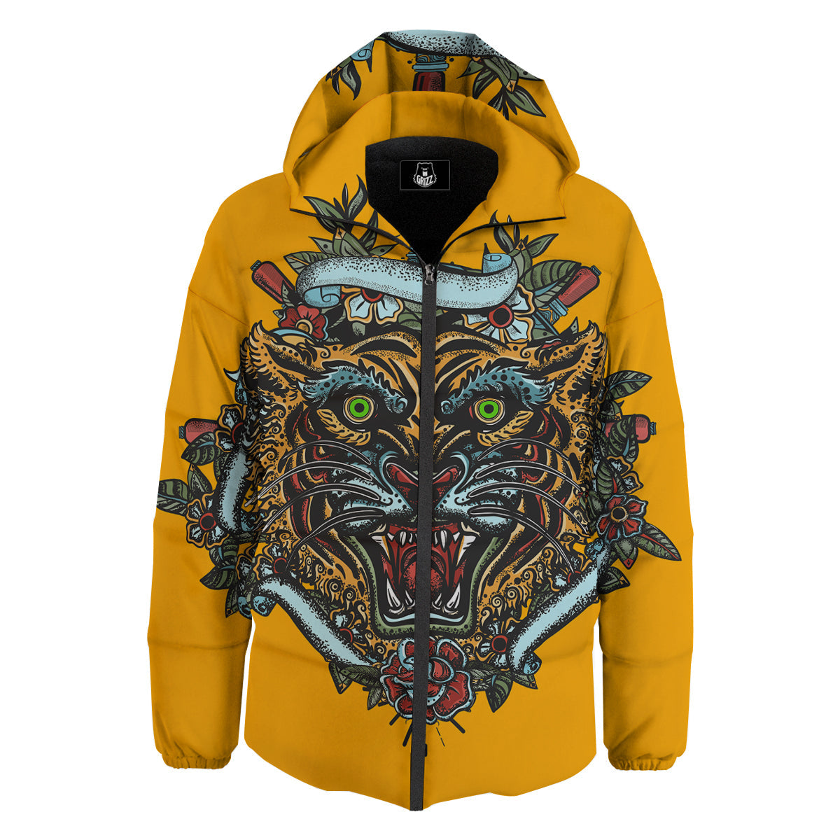 Tiger Head Tattoo Print Down Jacket-grizzshop