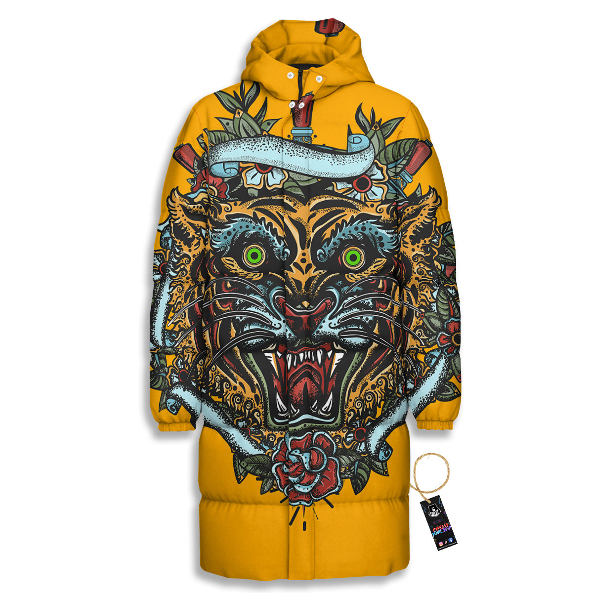 Tiger Head Tattoo Print Long Down Jacket-grizzshop