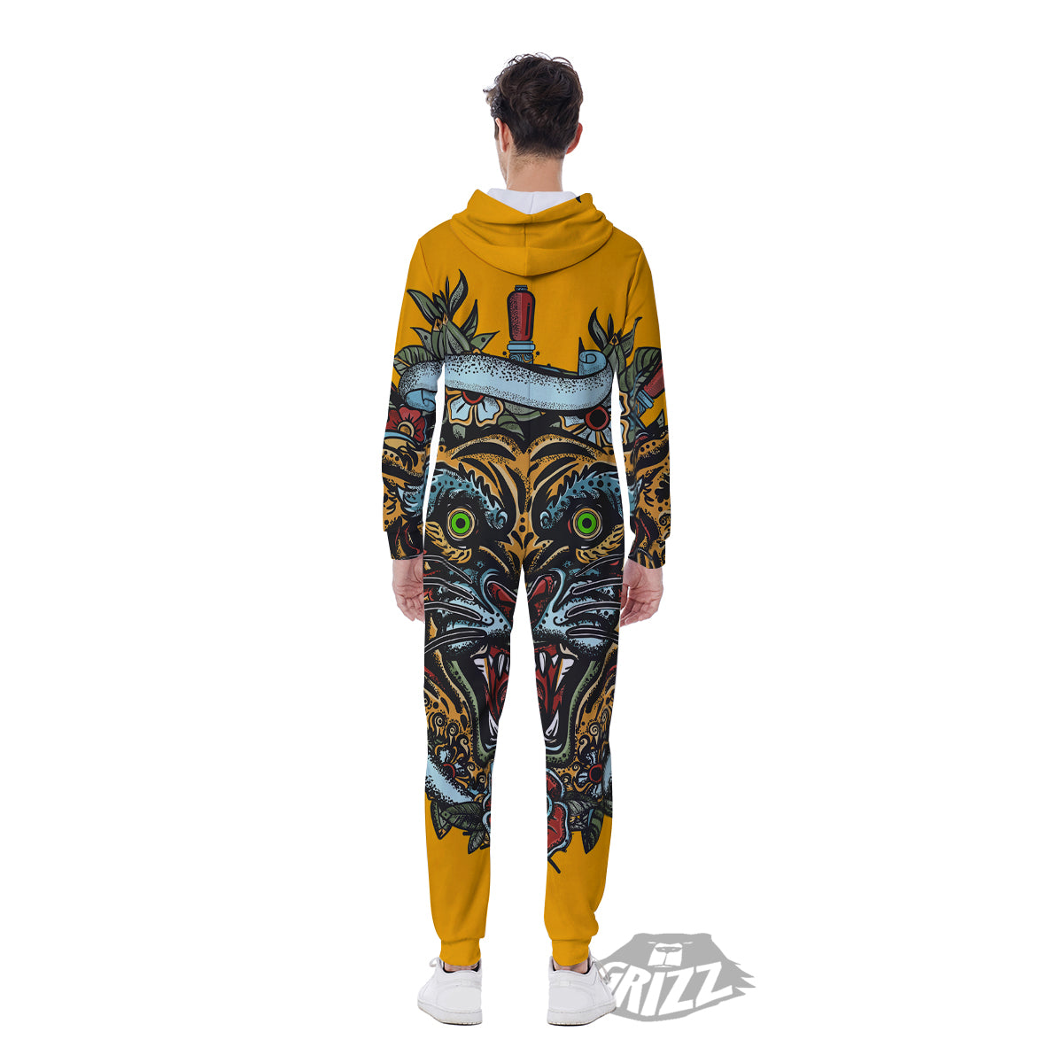 Tiger Head Tattoo Print Men's Jumpsuit-grizzshop