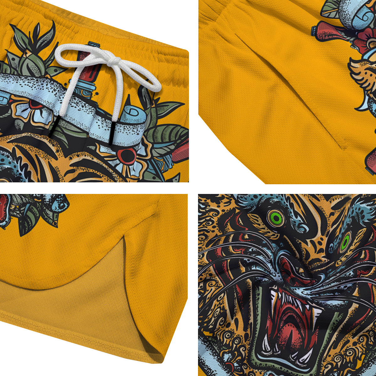 Tiger Head Tattoo Print Men's Running Shorts-grizzshop