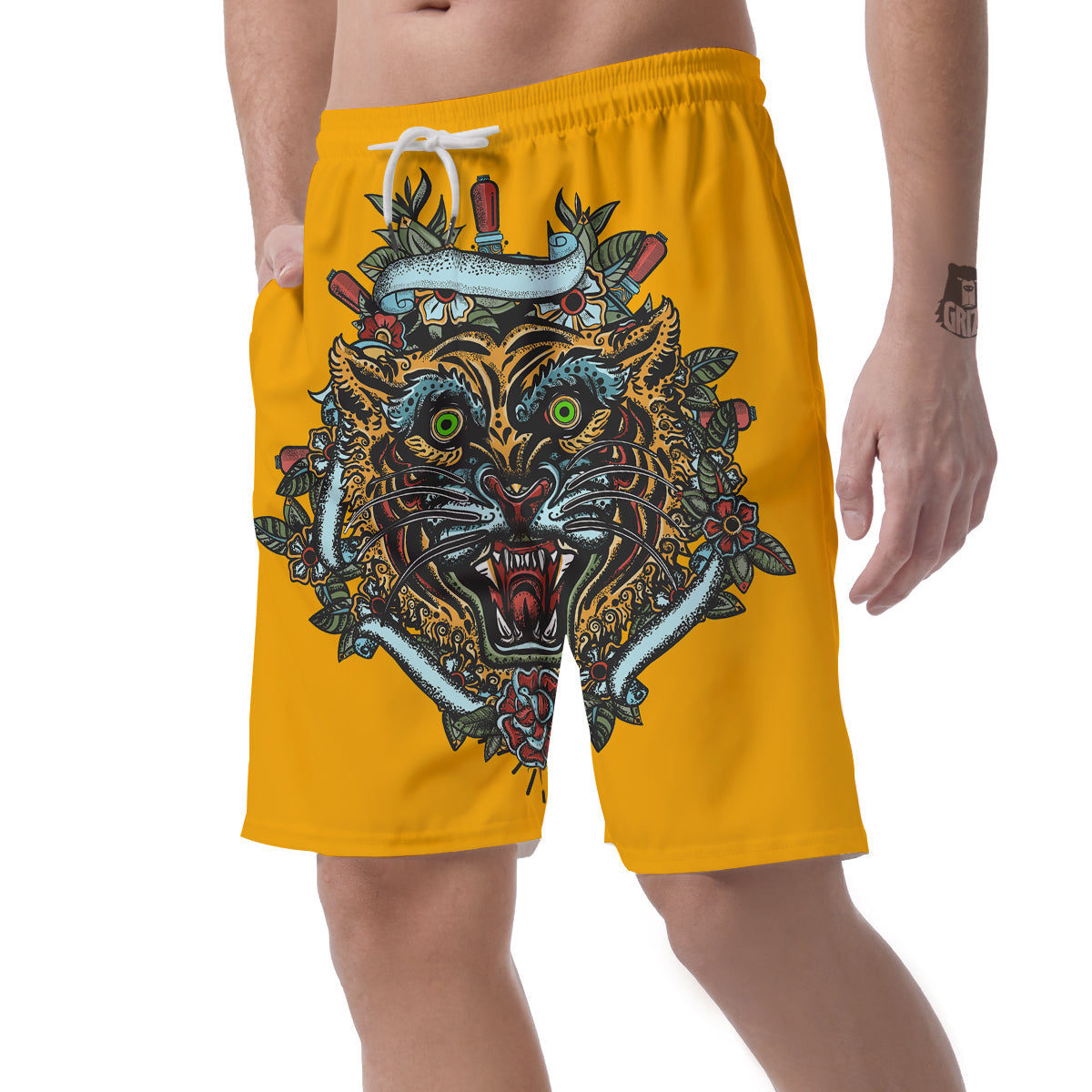 Tiger Head Tattoo Print Men's Shorts-grizzshop