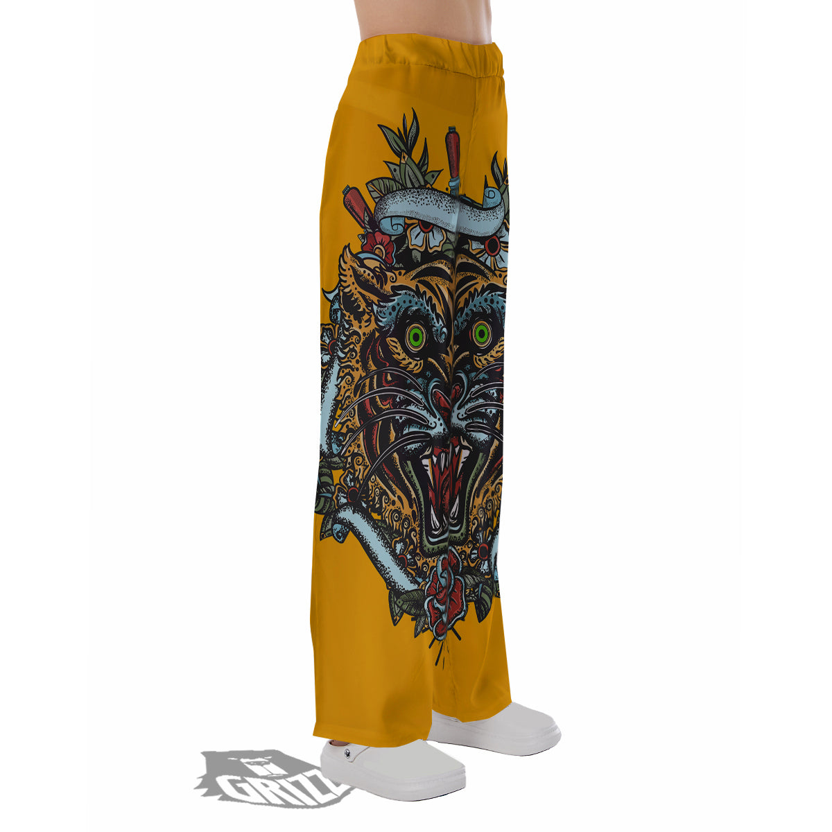 Tiger Head Tattoo Print Pajama Pants-grizzshop
