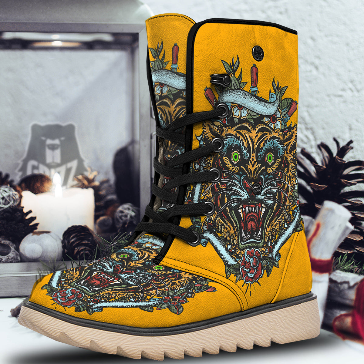 Tiger Head Tattoo Print Snow Boots-grizzshop