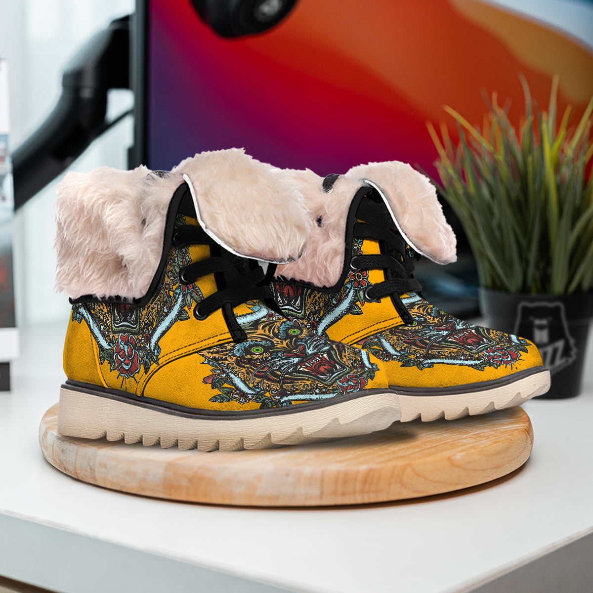 Tiger Head Tattoo Print Snow Boots-grizzshop