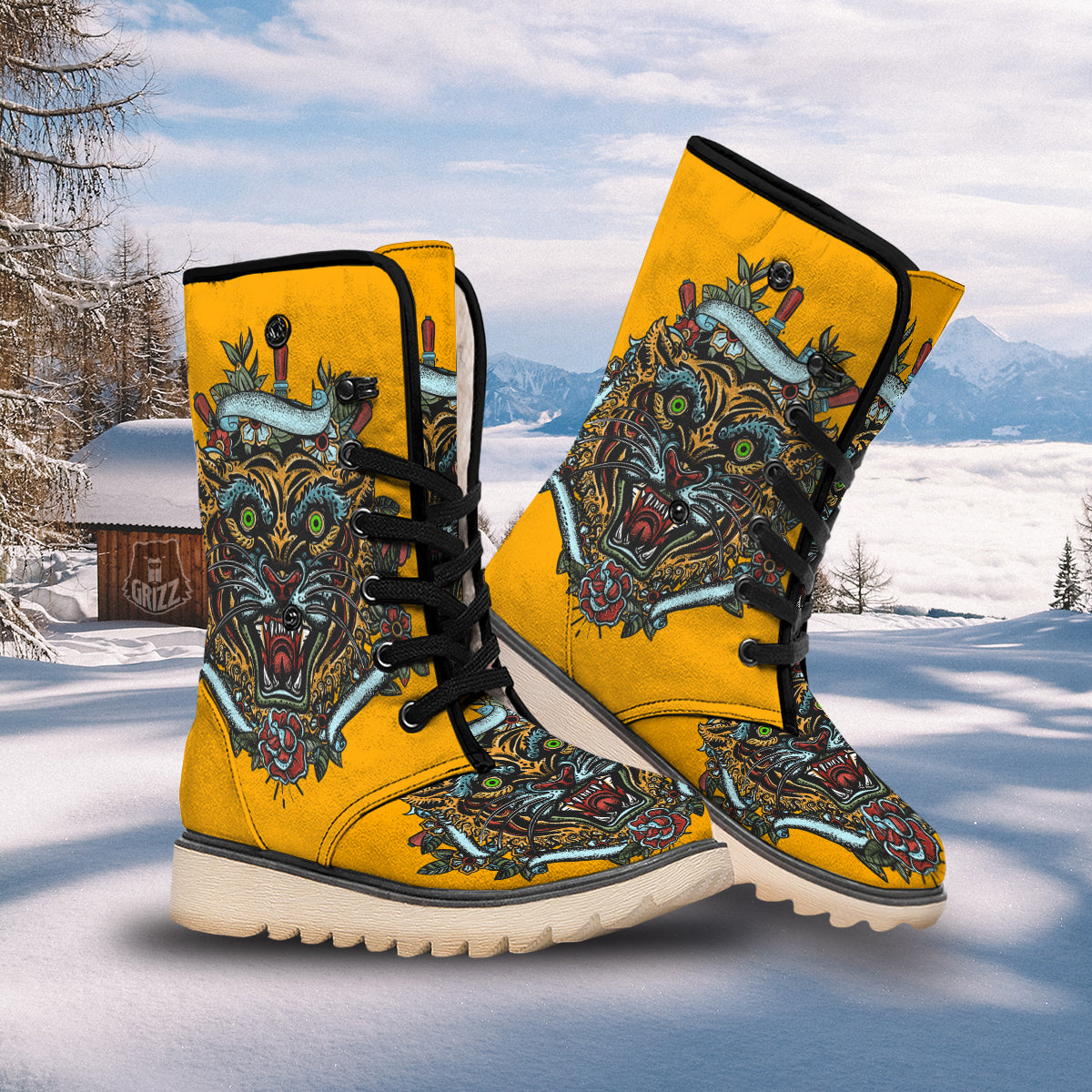 Tiger Head Tattoo Print Snow Boots-grizzshop