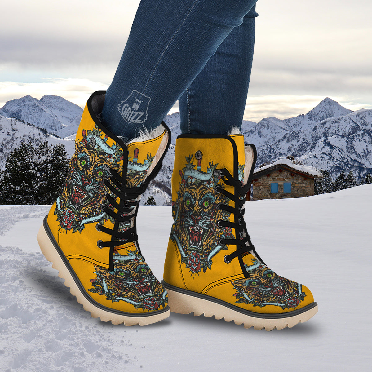 Tiger Head Tattoo Print Snow Boots-grizzshop