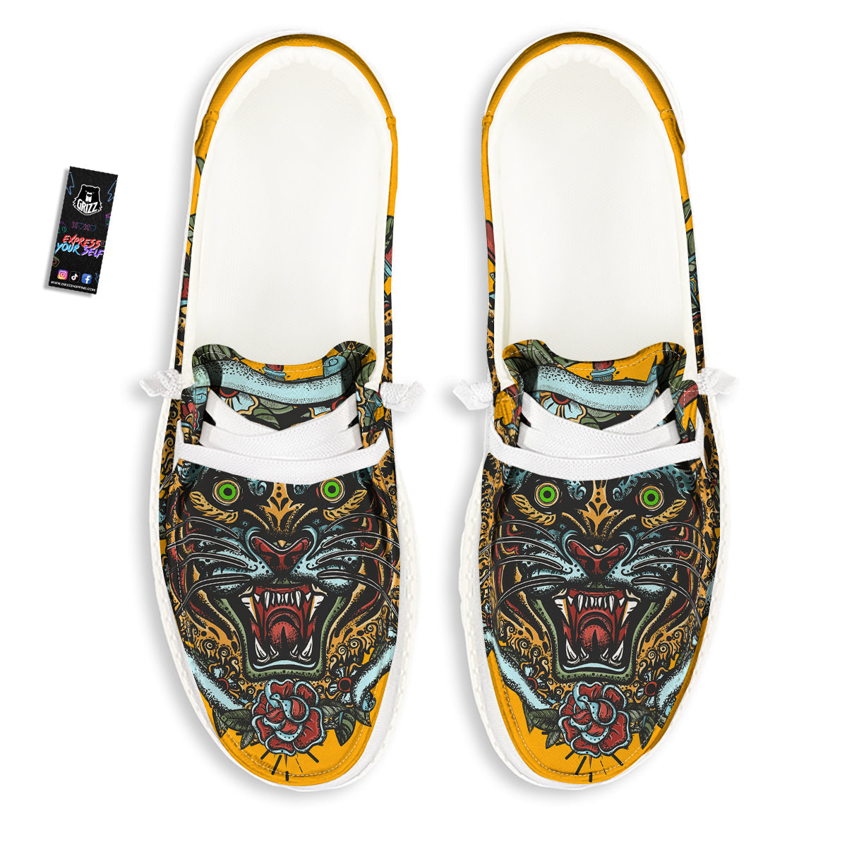 Tiger Head Tattoo Print White Loafers-grizzshop