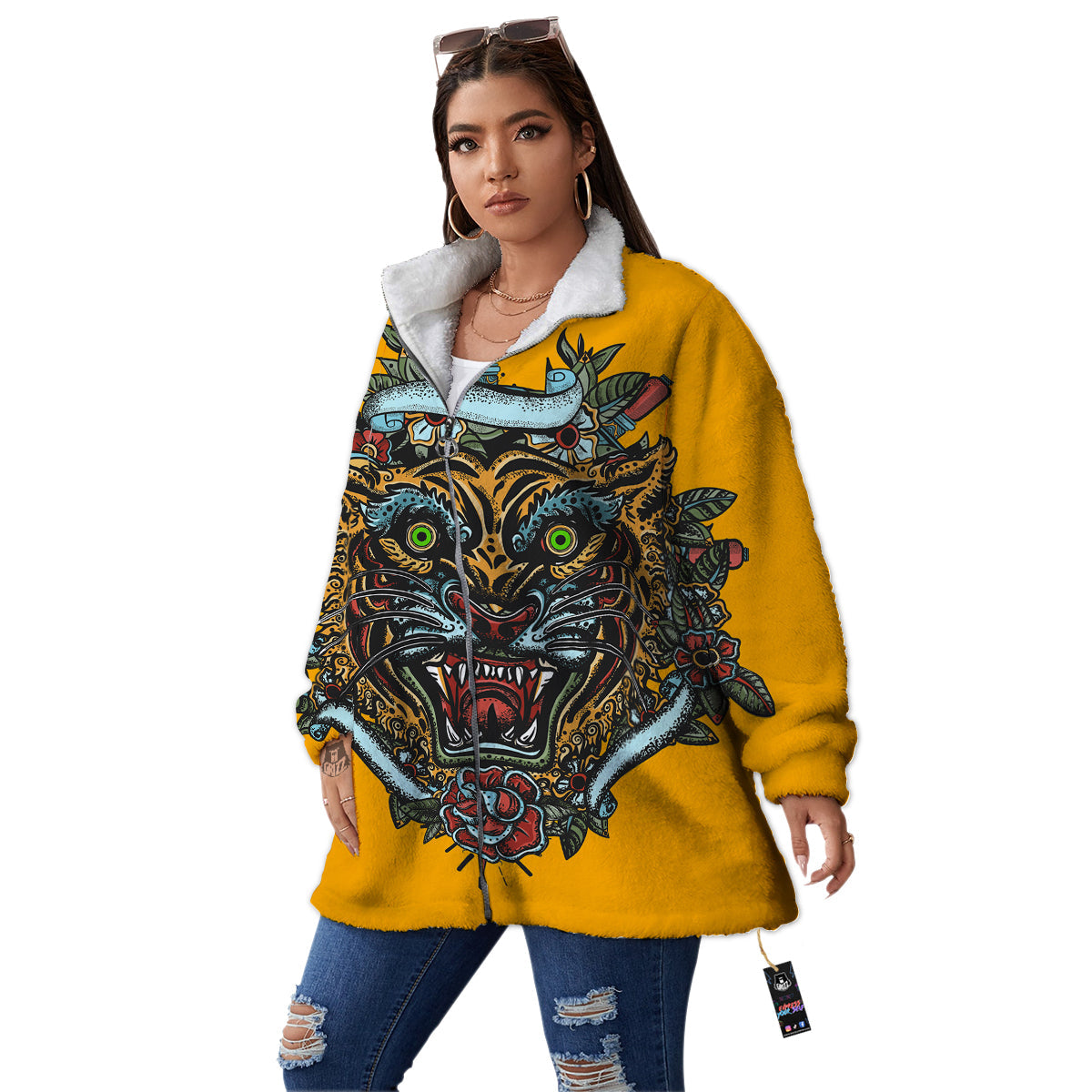 Tiger Head Tattoo Print Women's Sherpa Jacket-grizzshop