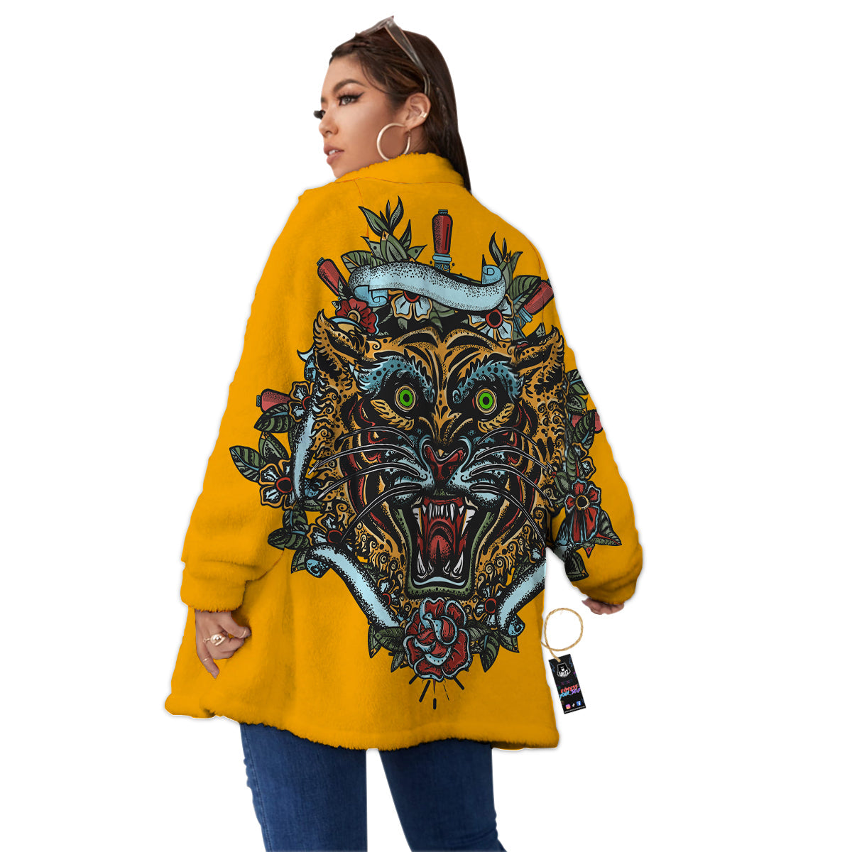Tiger Head Tattoo Print Women's Sherpa Jacket-grizzshop