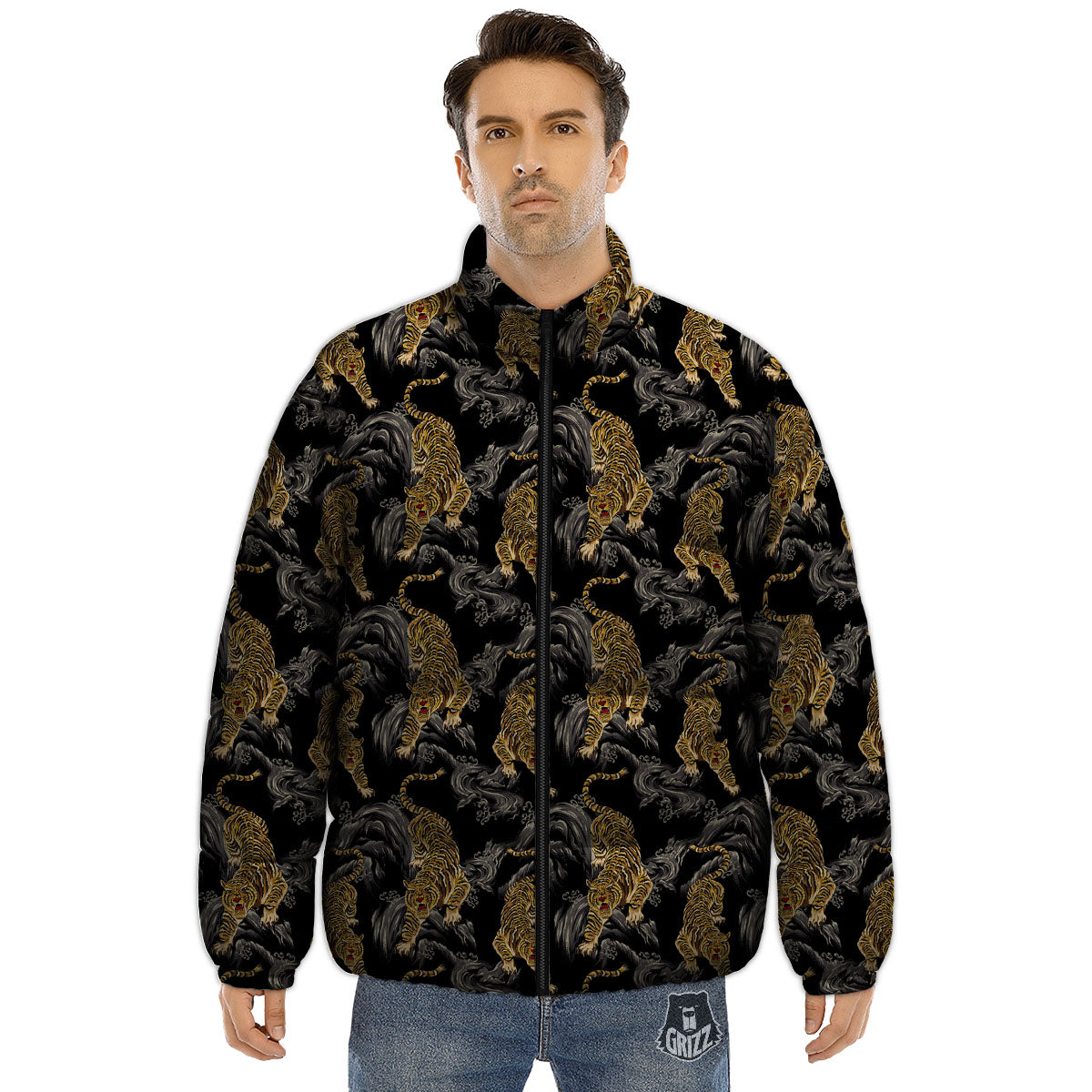 Tiger Japanese Print Pattern Puffer Jacket-grizzshop
