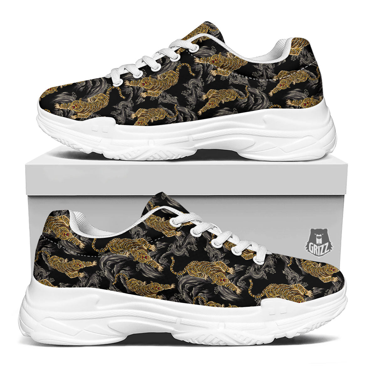 Tiger Japanese Print Pattern White Chunky Shoes-grizzshop