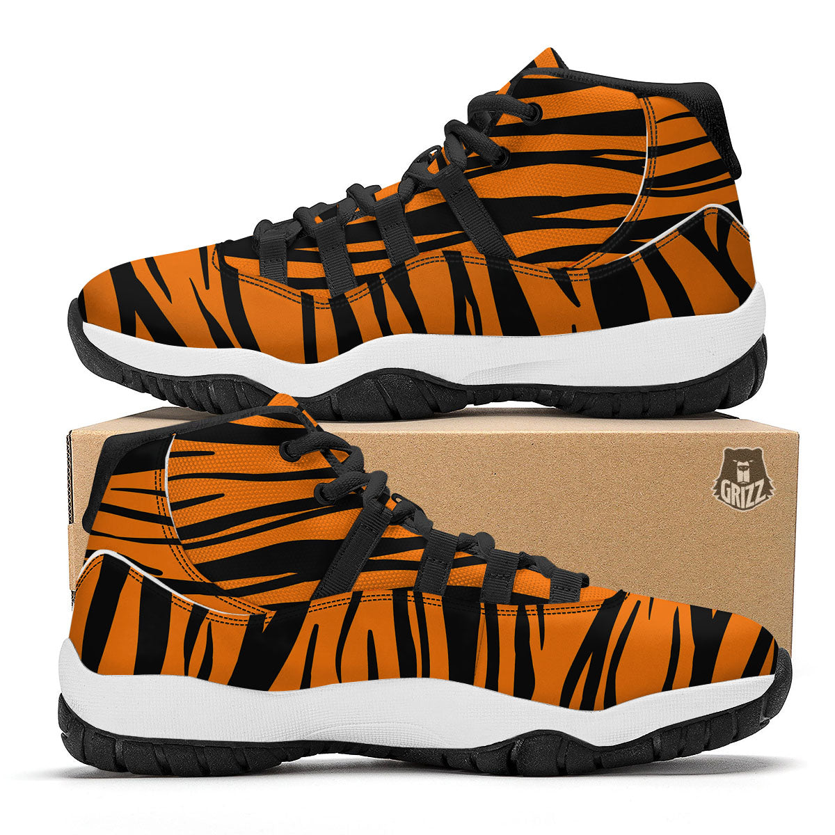 Tiger Stripe Black And Orange Print Black Bball Shoes-grizzshop