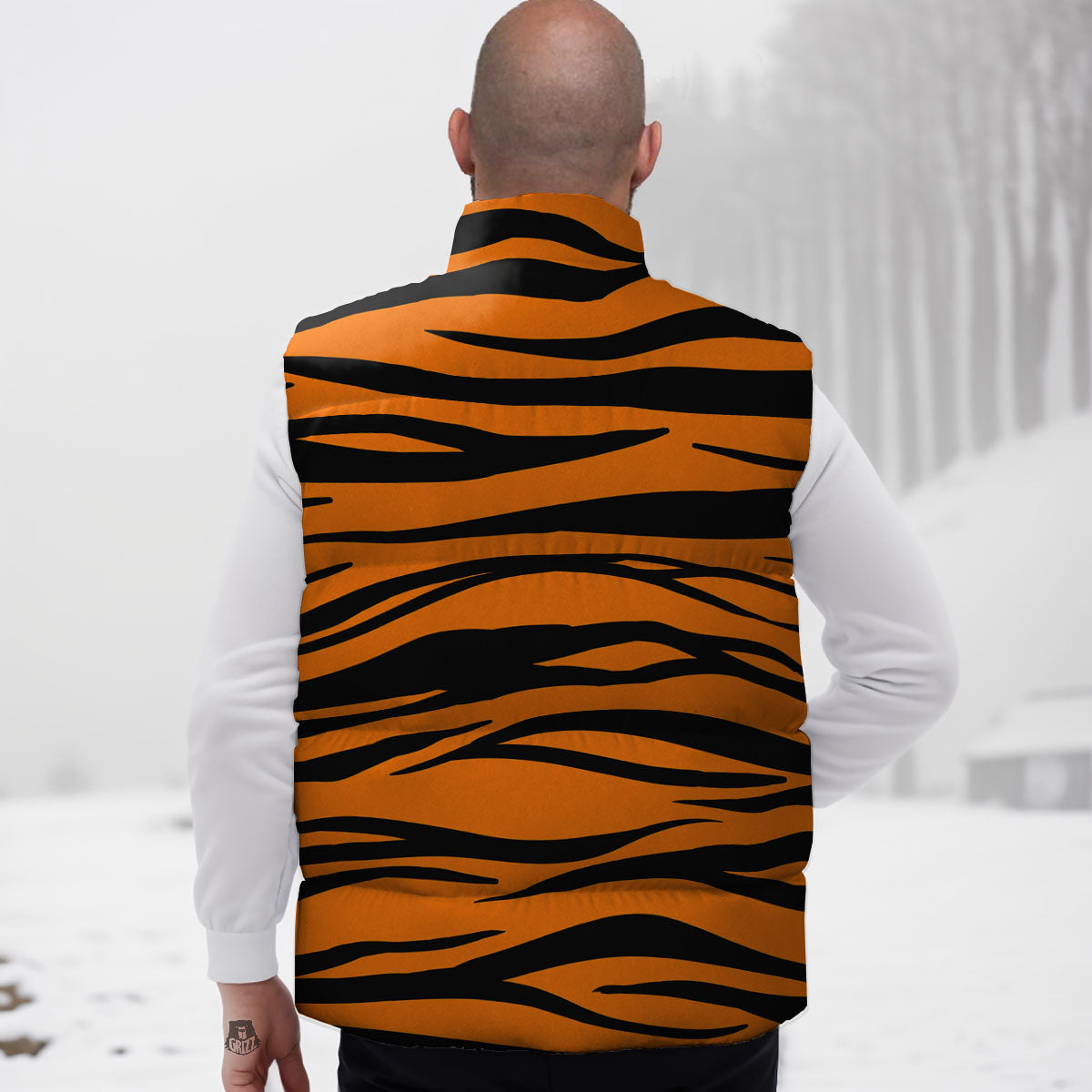 Tiger Stripe Black And Orange Print Down Vest