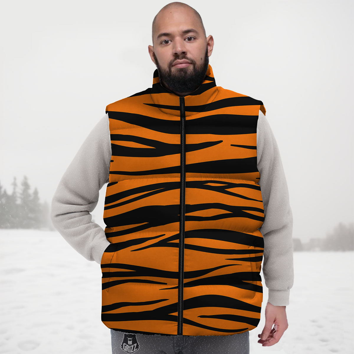 Tiger Stripe Black And Orange Print Down Vest
