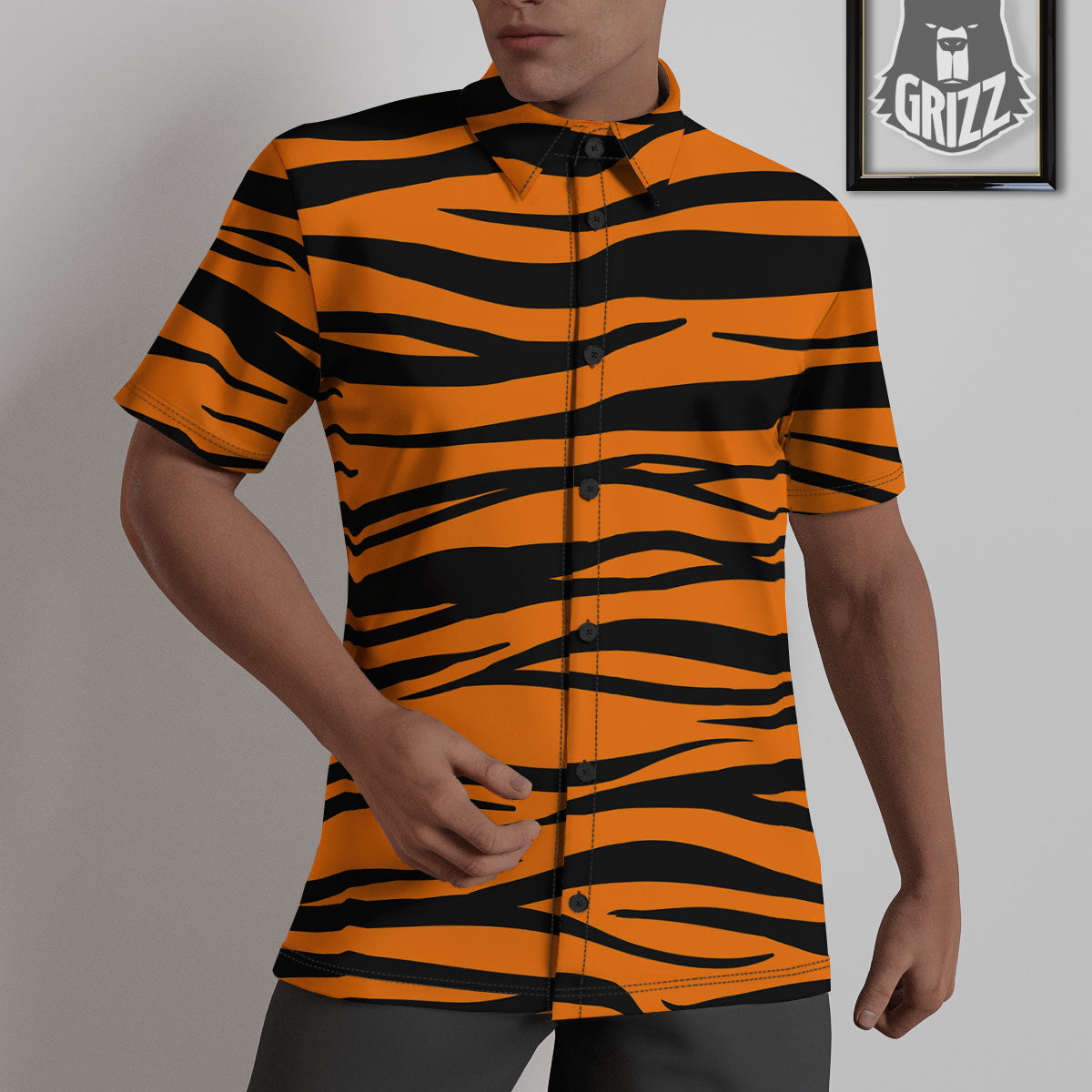 Tiger Stripe Black And Orange Print Untucked Shirts-grizzshop