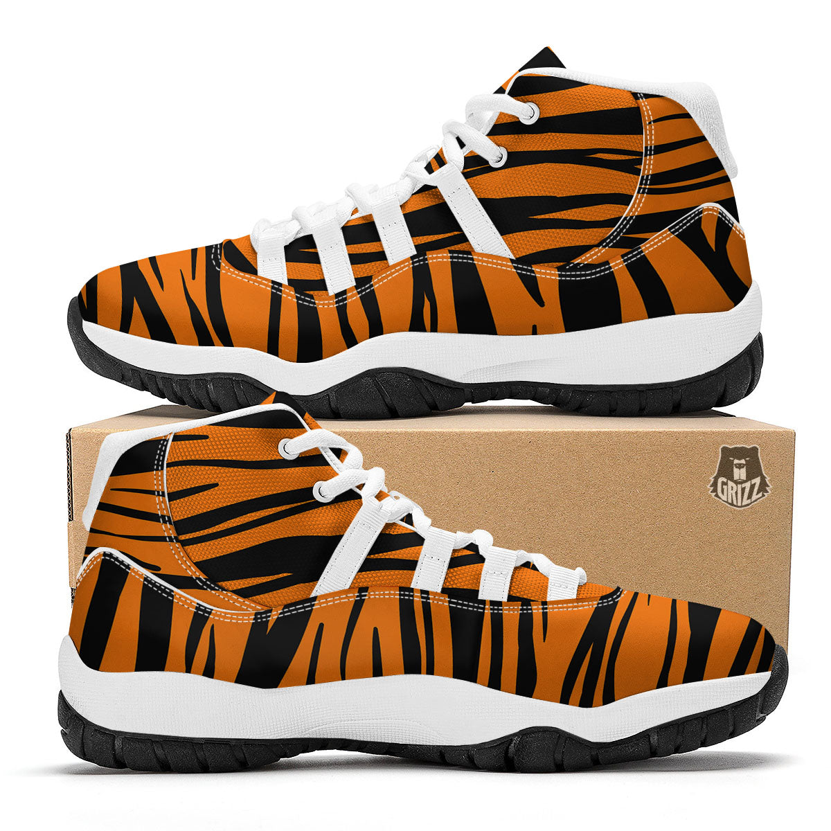 Tiger Stripe Black And Orange Print White Bball Shoes-grizzshop