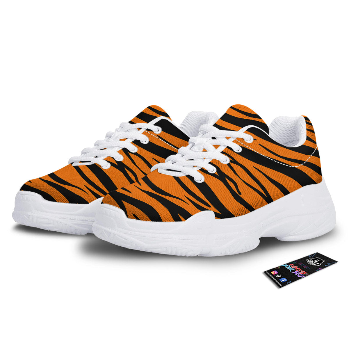 Tiger Stripe Black And Orange Print White Chunky Shoes-grizzshop