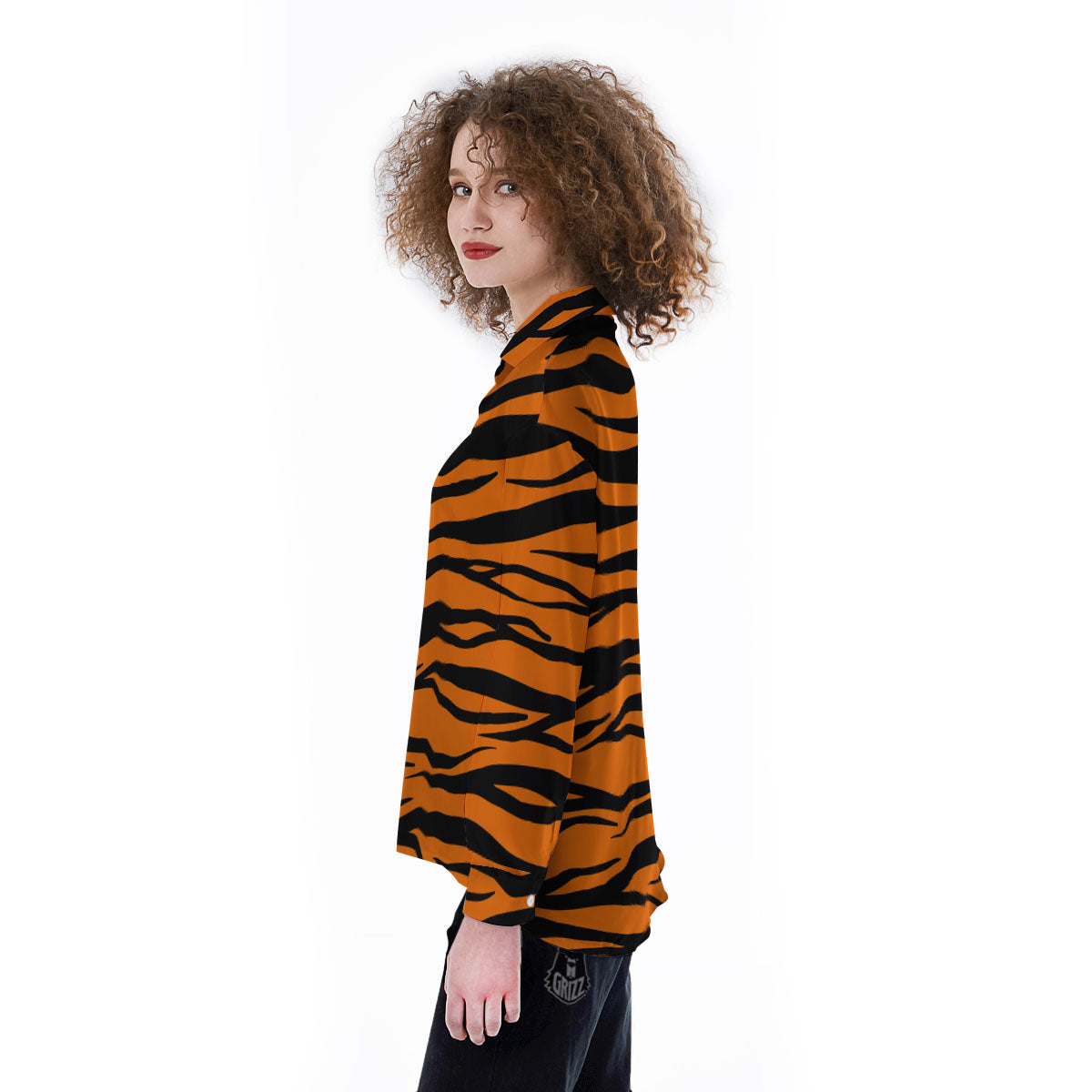 Tiger Stripe Black And Orange Print Women's Long Sleeve Shirts-grizzshop