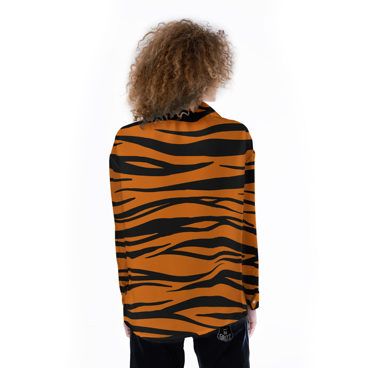 Tiger Stripe Black And Orange Print Women's Long Sleeve Shirts-grizzshop